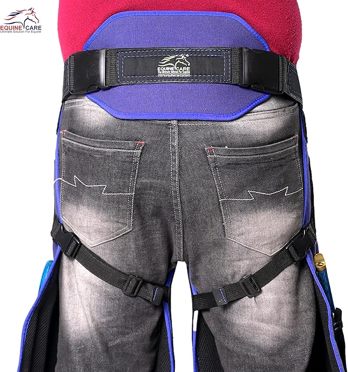 Equine Care Farrier Apron Chaps – 23" to 27" Cowhide Suede Leather & 500 GSM Canvas, Adjustable Waist 28"-52", Back Support, 4 Hoof Knife Pockets & 2 Nail Magnets. (23 inches (59 cm))