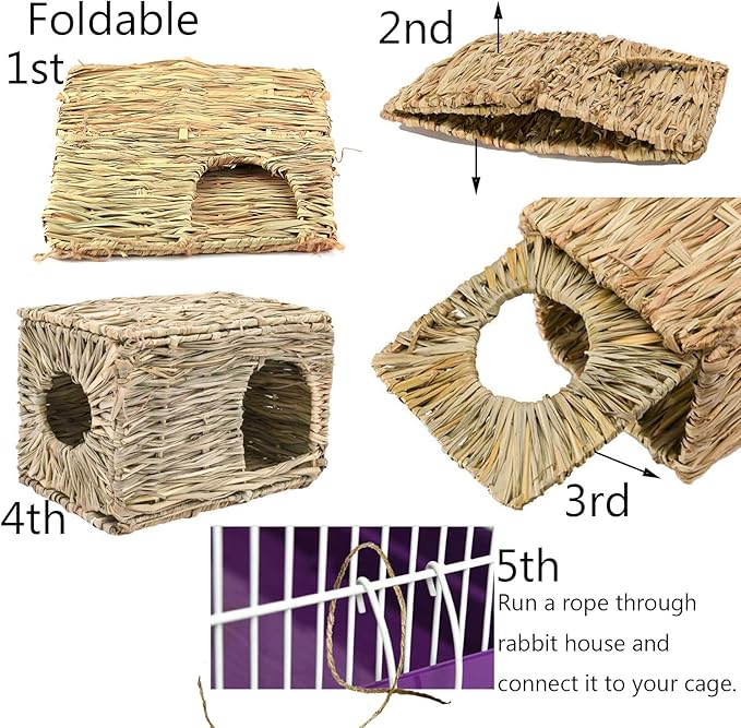 Hamiledyi Bunny Grass House with 2 Grass Mat and Play Balls Foldable Toy Hut for Rabbit, Squirrels, Guinea Pigs Play and Sleep Edible Grass Hideaway