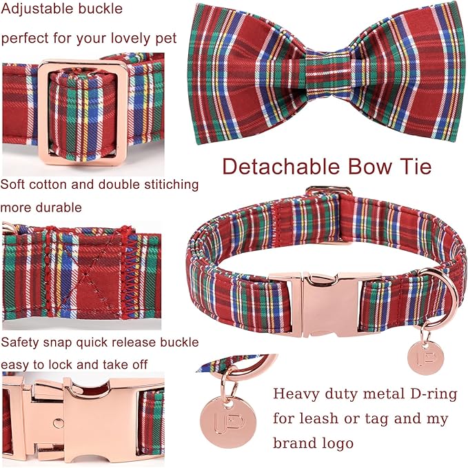 Christmas Plaid Dog Collar with Bow, Red and Blue Check Adjustable Pet Collar with Quick Release, Christmas Stripes Bowtie Collar for Small Medium Large Dogs XL