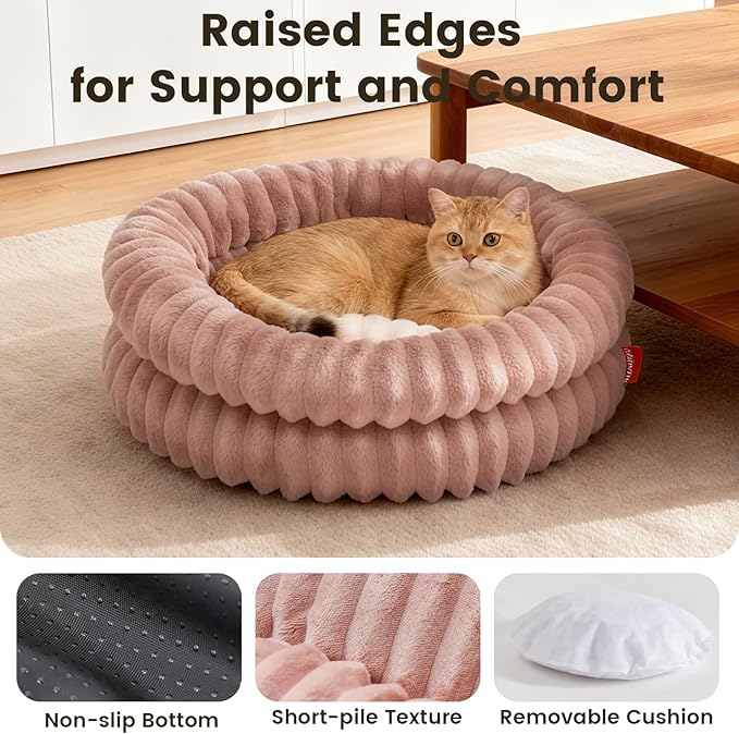 Fluffy Cat Beds for Indoor Cats, Washable Round Orthopedic Kitten Bed, Ultimate Soft Fuzzy Pet Bed for Small Dogs with Non-Slip Bottom, 19.7x19.7x6.3 in, Dark Pink