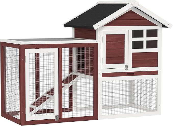 PawHut 48" Wooden Rabbit Hutch Bunny Cage with Waterproof Asphalt Roof, Fun Outdoor Run, Removable Tray and Ramp, Brown