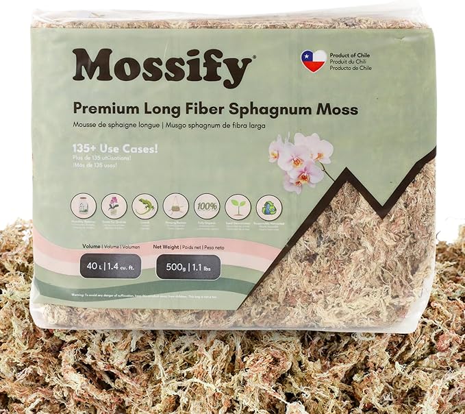 Mossify Premium Sphagnum Moss for Plants 500g, 1.1 lbs – Long Fiber Moss for Plants Indoor, Orchids, Terrariums, Gardening, Reptiles – Moisture Plant Moss for Propagation, Soil & Habitat Bedding
