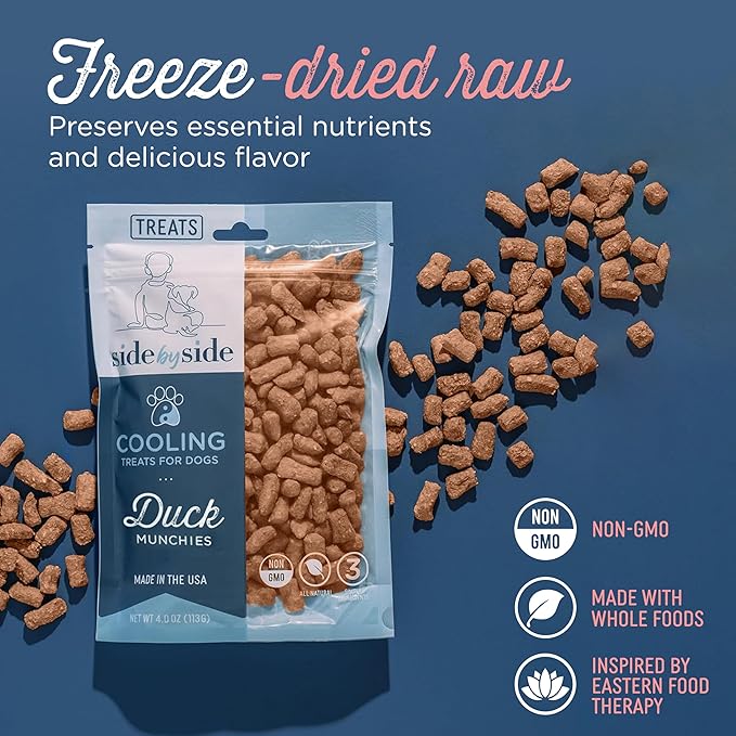 Side by Side Duck Munchies - Cooling Freeze-Dried Dog Treats - Ideal Dog Training Treats, Snack or Reward - Made of Whole Raw Ingredients, Free of Artificial Additives - USA Made (4oz., Pack of 2)
