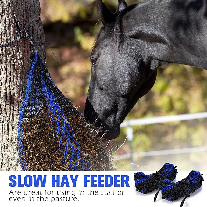 2 Pcs Slow Feed Hay Bag 36 Inch Ultra Slow Hay Feeders 1.5 x 1.5 Inch Holes Hay Nets for Horses Goat Livestock Horse Supplies, Black and Blue