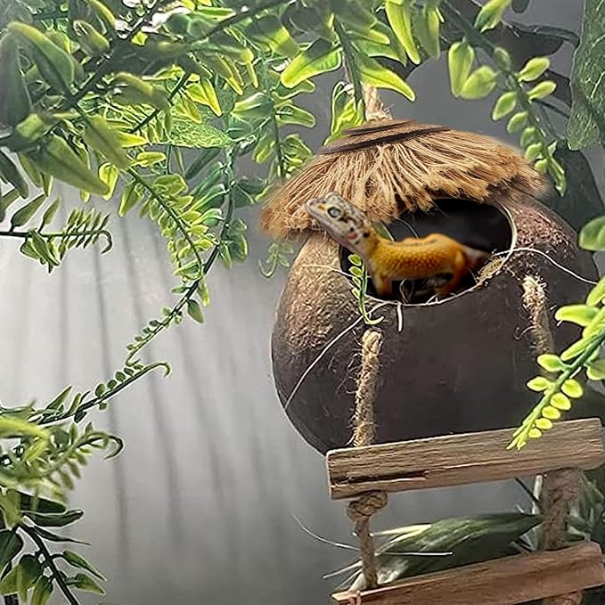 Gecko Tank Accessories,Grested Gecko Coconut Hideout Hut with Ladder Reptile Hanging Plants Climbing Bearded Dragon Hammock Flexible Jungle Vine Leaves Terrarium Decor