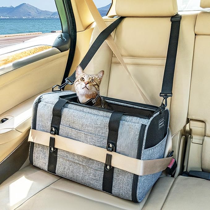 PETSFIT Soft-Sided Cat Carrier with Patented Safety Buckles, Lockable Zippers & Safety Tether,Escape-Resistant Travel Pet Carrier for Car Rides & Vet Visits, Airline Approved Under-Seat, Up to 12 lbs
