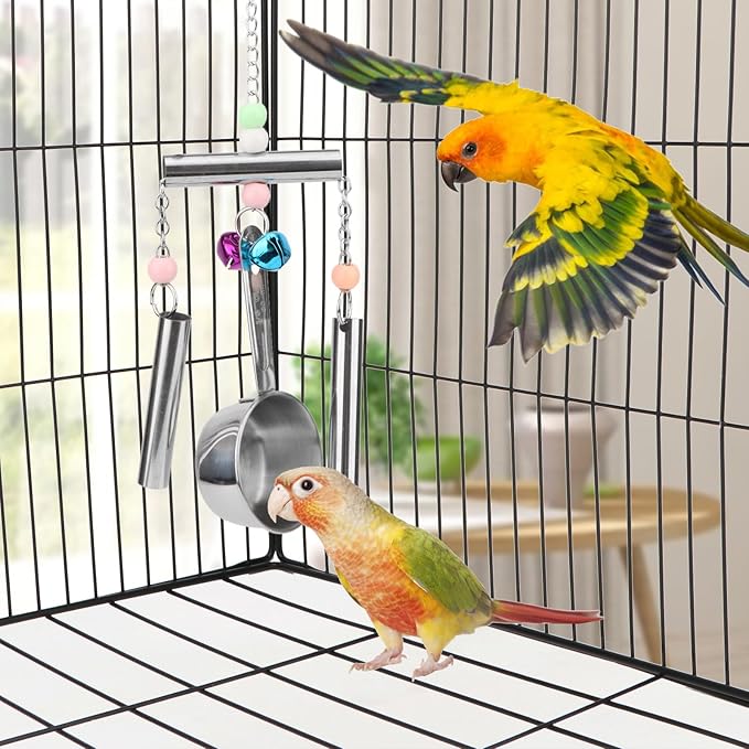 Hypeety Stainless Steel Bird Bell Toys Heavy Duty Hanging Spoons Rings Safe Metal Cage Hanging Bells Toy for Cockatoos Macaws African Grey Large Parrots and Birds (Bells+Spoon)