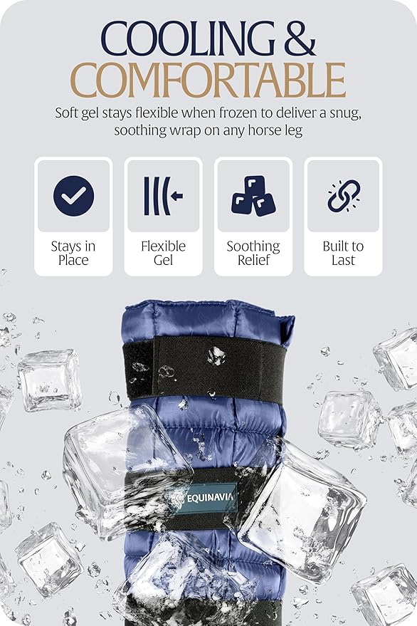 Equinavia Cool Relief Therapy Ice Boots Leg Wraps for Horses, Gel Pack with Adjustable Straps | 16.5" x 15.5" Single - Navy Blue - Single - One Size