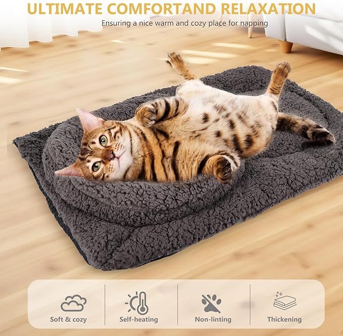 Self Warming Cat Bed Mat with U-Shaped Pillow -24"x18" Soft Thickened Thermal Cat Bed, Machine Washable Heat Retention Pad for Indoor Cats