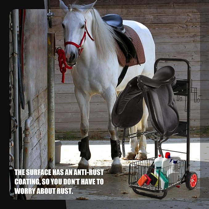 Rolling Saddle Cart with Wheel Saddle Rack Dolly Heavy Duty Horse Equipment Cart Foldable Horse Tack Cart for Storage Moving Organize Transport Supplies(Non Removable Saddle Rack)