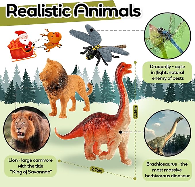 Dinosaur Toys for Kids 3-5, Insects and Bugs, Safari Jungle Animal Figures, 3 in 1 Animal Toys Figurines with T-Rex, Party Favor Gifts for Boys Girls, 36PCS