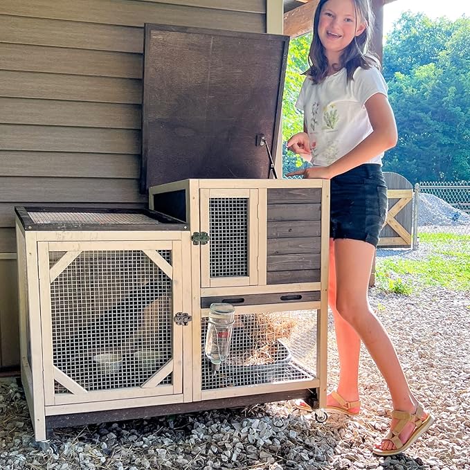 Aivituvin Rabbit Hutch Rabbit Cage Indoor Bunny Hutch with Run Outdoor Rabbit House with Two Deeper No Leak Trays - 4 Casters Include (Without Bottom Wire Netting)