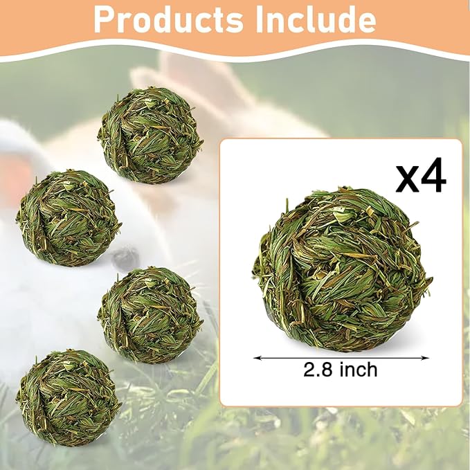 Hamiledyi 4 Pcs Rabbit Chew Ball Timothy Grass Ball Small Animal Activity Play Chew Toys Teeth Grinding for Bunny Rabbits Hamster Guinea Pigs Gerbils Chinchillas