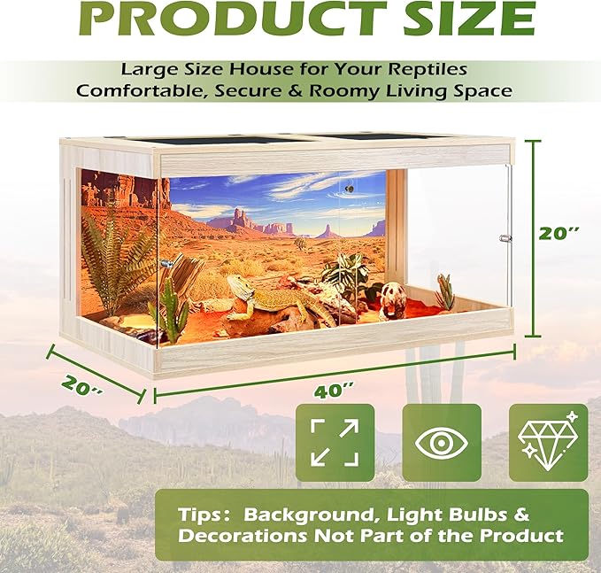 Royxen Bearded Dragon Tank, Tempered Glass Reptile Terrarium with Metal Mesh Top, 3-Side Clear Anti-Scratch Glass Lizard Tank for Reptile Habitat, Oak,60 Gallons