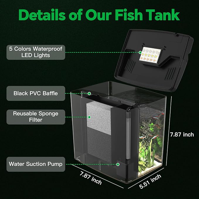 Fish Tank, 1.2 Gallons Betta Fish Tanks, Smart Aquarium Fish tank, Self Cleaning Filter System with 5 Color Led Light, Auto-Looping& Quiet Pump,Fish Aquariums for Betta Shrimp Guppy Jellyfish Goldfish