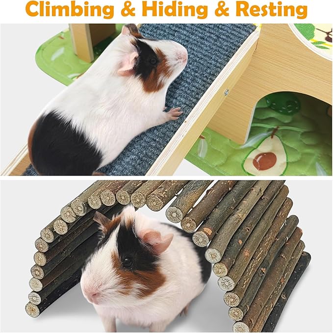 Fhiny Guinea Pig Hideout, Wooden Guinea Pig Castle with Ramp Bridge and Soft Mat Large Small Animal House Piggies Hideaway Hamster Habitat Decor for Chinchilla Hedgehog Squirrel Hamster Gerbil Rat