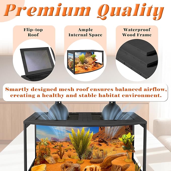 PROLEE Bearded Dragon Tank, Curved Reptile Enclosure with 3-Side Clear Acrylic Panels, Spacious Lizard Tank with Metal Mesh Top and Lockable Door for Reptile Habitat (Black, 24" Length,24 Gallons)
