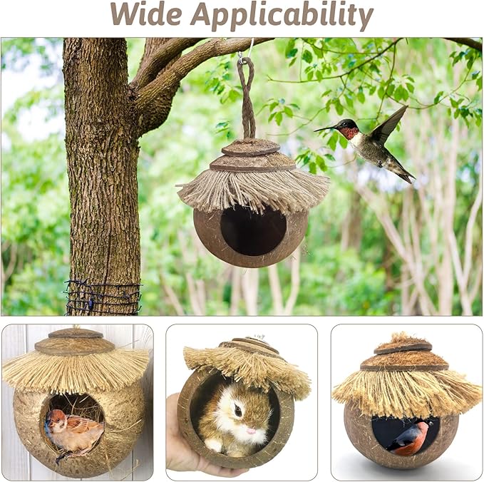 Tfwadmx Coconut Hide with Loop, Natural Coconut Fiber Hanging Birdhouse Cage, Coconut Bird Shell Breeding Nest for Parrot Parakeet Lovebird Finch Canary, Pet Cage Habitats Decor,Small Animals House