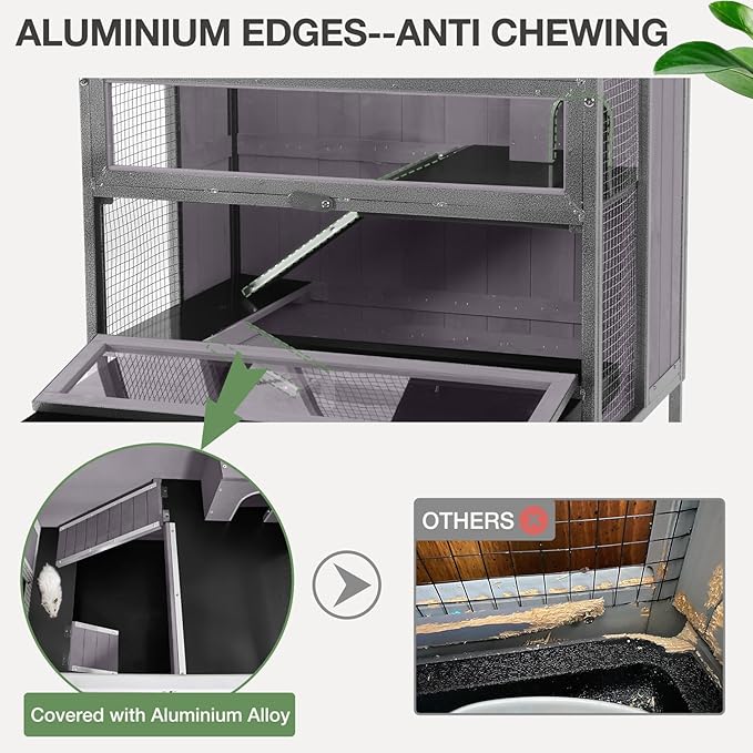Guinea Pig Cage, Moveable Metal Frame Hamster Cage Anti-Chewing with Aluminium Alloy Edge, Hideouts, Ramps, Seesaws Chewing Toy, Deeper Pull-Out Leakproof Tray for Indoor Outdoor(Grey)