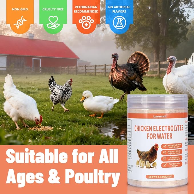 Chicken Electrolyte for Water, Ideal for Hydration, Immunity, Digestive Health, Chicken Vitamins, Electrolytes, and Probiotics, Multipurpose Poultry Vitamins for Chickens, Ducks, Turkeys, 8.8 OZ