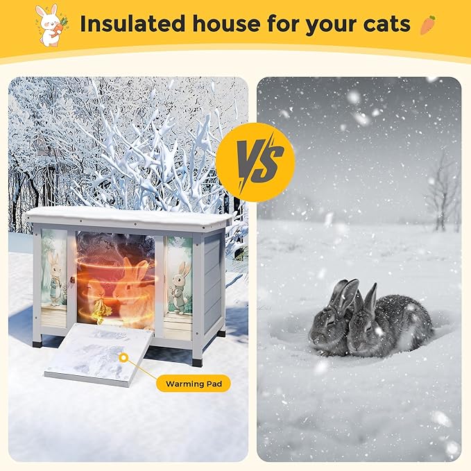 COZIWOW 24inches Insulated Cat House Outdoor Heated Indoor Small Animal House,Rabbit Cage Outdoor,Suitable for Small Cats, Rabbits, with Warm Liner for Winter(Grey with Warm)