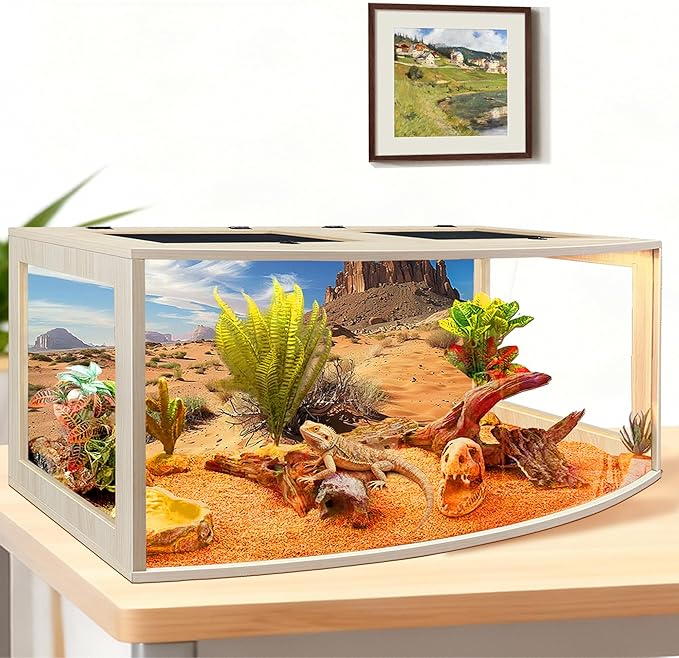 PROLEE Bearded Dragon Tank, Curved Reptile Enclosure with 3-Side Clear Acrylic Panels, Spacious Lizard Tank with Metal Mesh Top and Lockable Door for Reptile Habitat (Oak, 48" Length,80 Gallons)