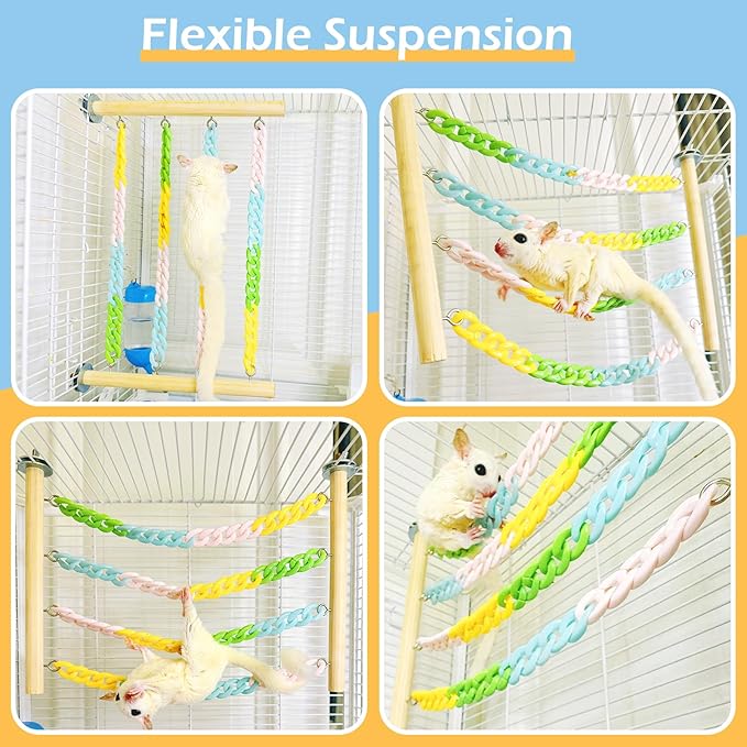2Pcs Sugar Glider Climbing Toys, Natural Wood with Sturdy Colorful Chains Hanging Toys Sugar Glider Cage Accessories, Wobble-Free Rat Enrichment Toys for Small Animals and Parrots