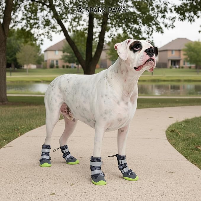 Spark Paws Dog Shoes, Waterproof Dog Boots for Medium to Large Dogs, Non Slip, Breathable Dog Booties and Paw Protectors - 4PCS Doggie Hiking Boots with Reflective Straps, Gray Camo, Size 8