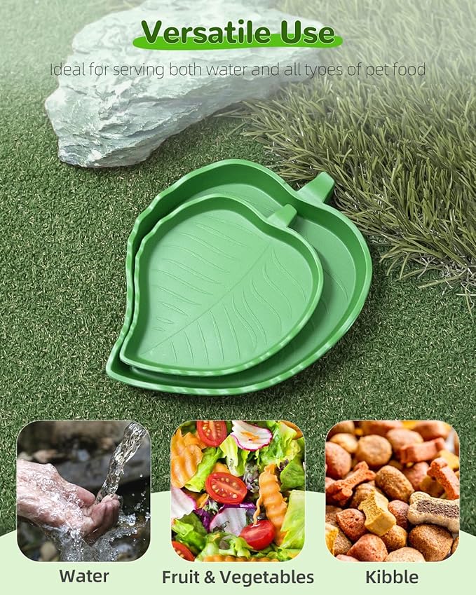 Pawfly 4 Pcs Leaf Reptile Water Dish, Reptile Water Bowl, Tortoise Habitat Accessories, Bearded Dragon Water Bowl, Pet Food Feeding Plate for Turtle Small Snake Lizard, 2 Sizes