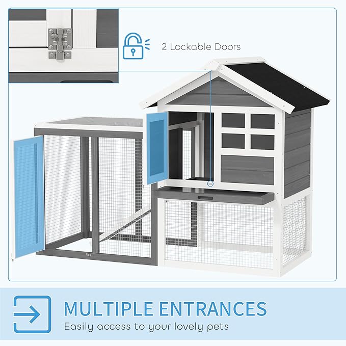 PawHut 48" Wooden Rabbit Hutch Bunny Cage with Waterproof Asphalt Roof, Fun Outdoor Run, Removable Tray and Ramp, Grey