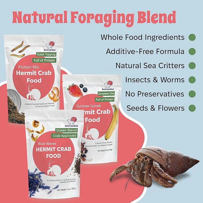 Snout and Shell Hermit Crab Food Variety Pack – Blue Waves, Protein Mix & Summer Sunset – High-Protein Whole Food Diet with Seafood, Seeds, Fruits & Flowers – Natural Foraging Blend for Healthy Crabs