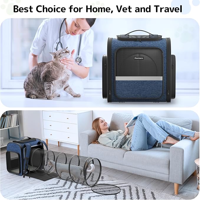 Pawtners Cat Backpack Carrier with Play Tunnel, Expandable Dog Backpack with Breathable Mesh, Pet Carrier Backpack for Small Cats Dogs Up to 18 Lbs, Dog Carrier for Travel Hiking Camping Outdoor Blue