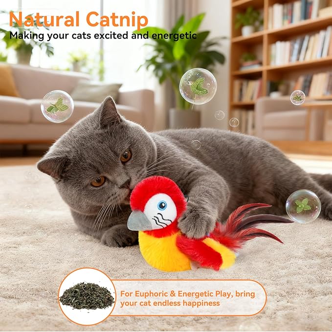 Cat Toys Flapping Bird(Cannot Fly), Electric Simulated Chirping Bird Interactive Kitten Toy with Flappy Wings, Rechargeable Touch Activated Toy with Catnip and Feather for Indoor Cats - Red