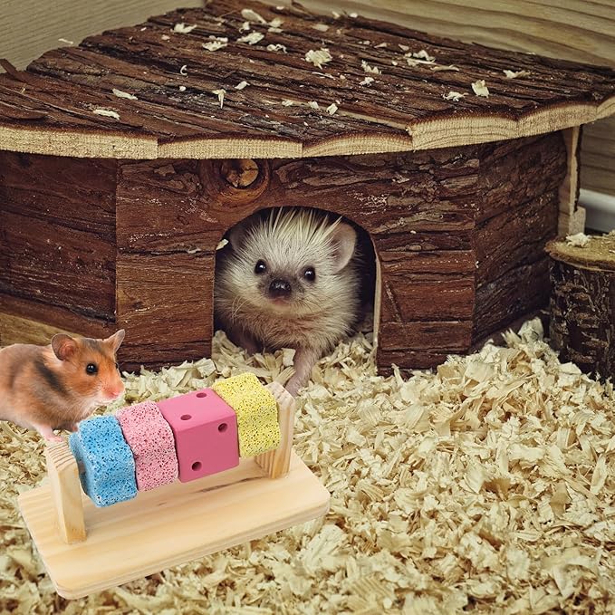 Guinea Pig Chew Toys for Teeth, Natural Hamster Lava Grinding Stone, Adds Calcium to Diet, Rotating Rat Enrichment Toys Wood Stand for Syrian & Dwarf Hamsters, Rats, Guinea Pig, Chinchillas