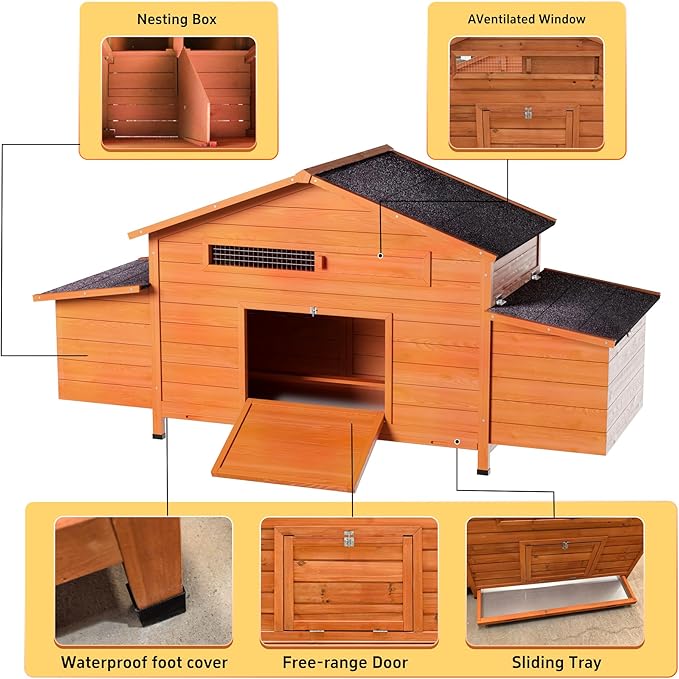 Large Wooden Chicken Coop for 3-4 Chickens – Outdoor Hen House with Nesting Box, Perch, Pull-Out Tray, Waterproof Roof & Predator-Proof Lock, Ventilated Weatherproof Chicken Cage Natural
