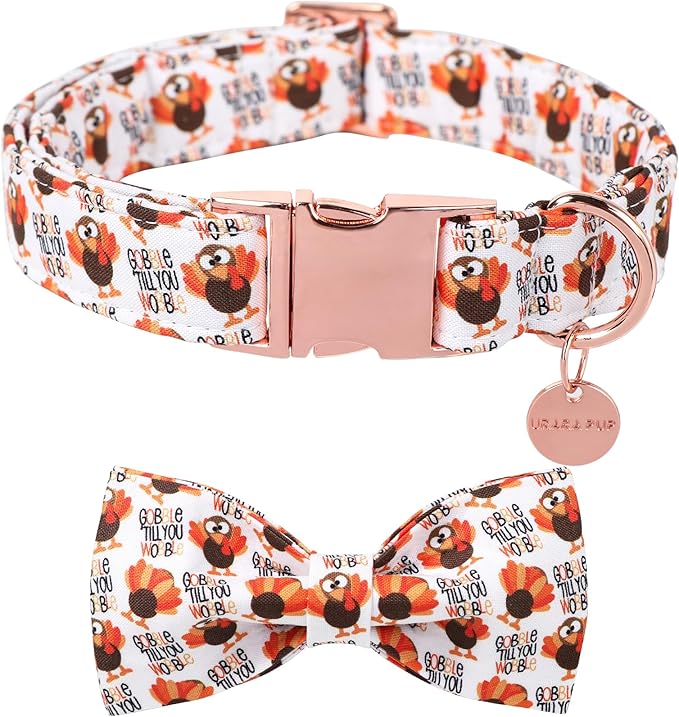 Thanksgiving Dog Collar with Bow Tie, Turkey Cotton Bowtie Collar for Puppy Girl Dog or Cat, Autumn Bow Tie Collar with Durable Metal Buckle, Turkeys Pet Collar, L, Neck 16-24in