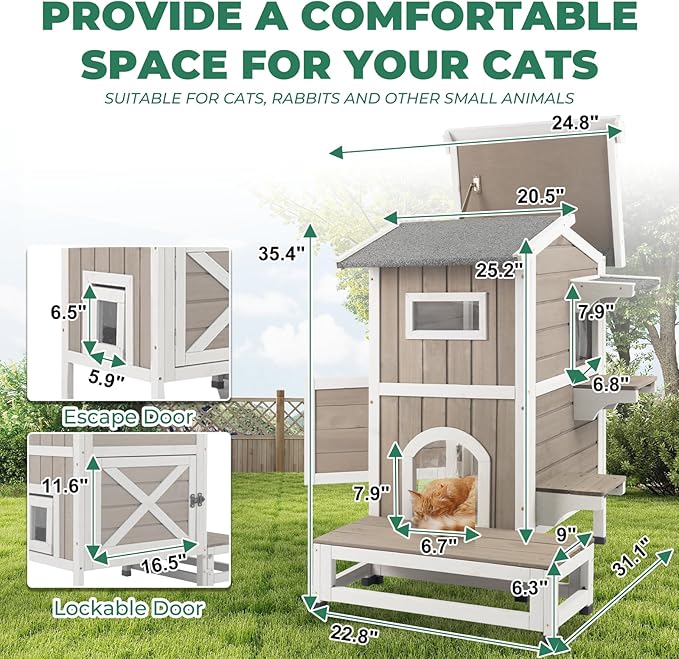 Outdoor Cat House Weatherproof, Wood Two Story Cat House with Openable Roof, 4 Doors, Balcony, Outside Indoor Pet House Feral Cats Shelter with Jumping Platforms for Small Animals, Grey