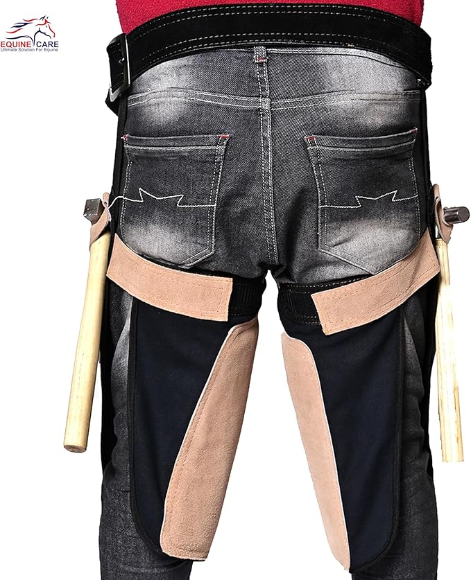 Equine Care Farrier Apron Chaps for Men 25" Cowhide Suede Leather & Canvas, Adjustable 28"-52" Waist, 2 Hammer Loops, Hoof Knife Pockets & Nail Magnets, Air Mesh, Farrier Tools for Hoof Trimming.