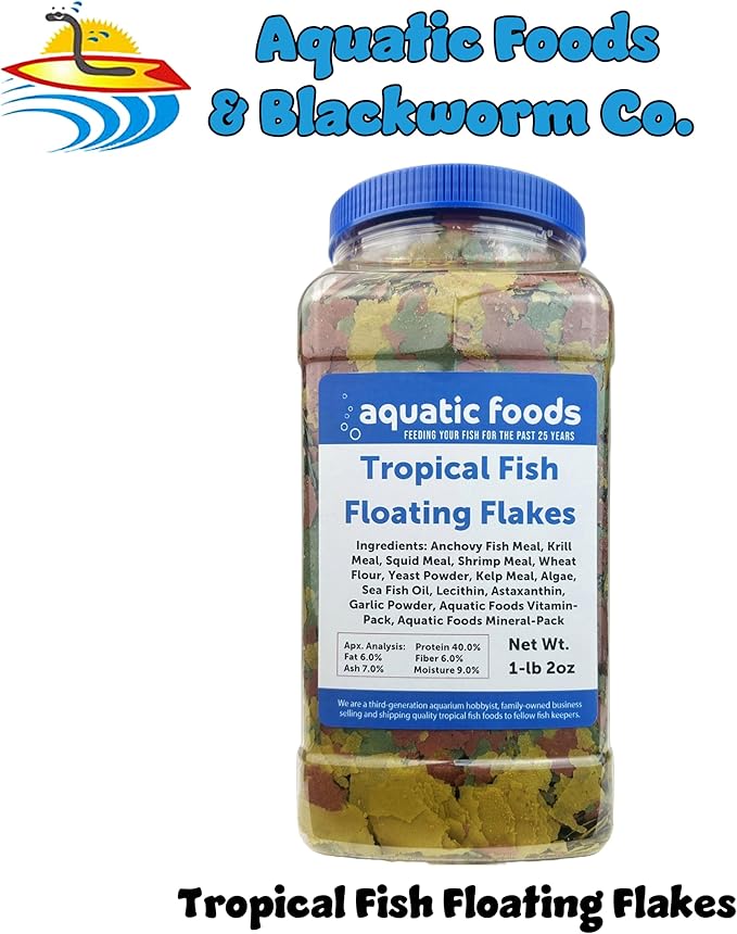 Aquatic Foods Inc. Premium Tropical Fish Flakes, Mix of Krill, Color Enhancing, Spirulina Flakes for Cichlids, Angels, Goldfish, All Tropical Fish Also Pellet Mix, Wafer Mix Included…1-lb 2oz