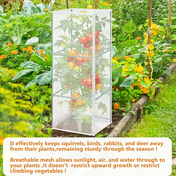 3 Pack Garden Netting Cover for Square Tomato Cage, 48"x14"Bird Netting Barrier with Zipper Drawstring Tomato Trellis Net Mesh Climbing Plant Cover for Protecting Vegetable Fruits from Animals Insect