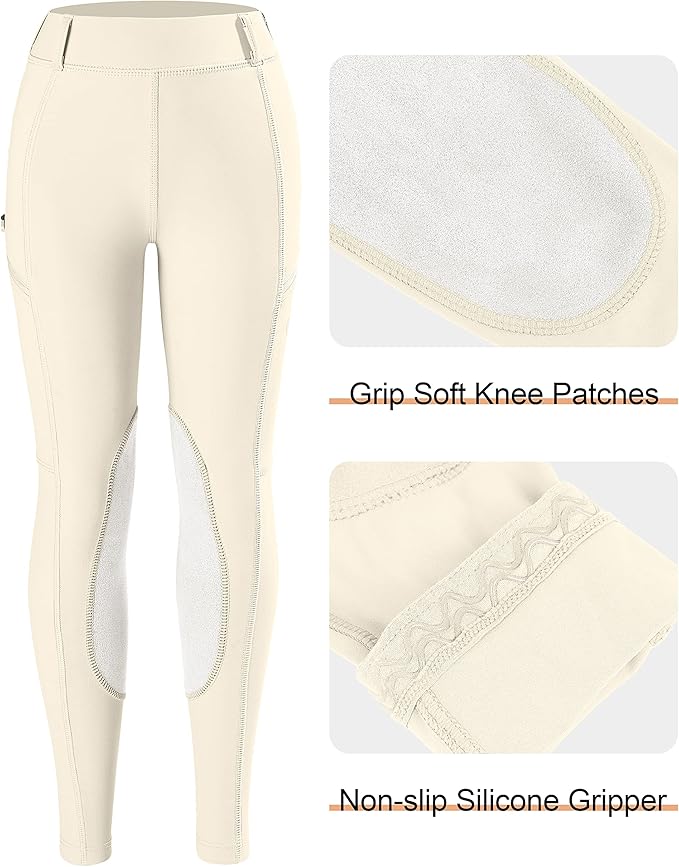 SANTINY Girls Horse Riding Pants with Zipper Pockets Kids Stretchy Equestrian Breeches Knee-Patch Youth Schooling Tights