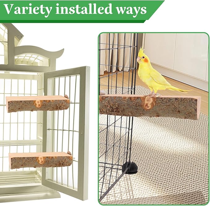 2PCS Natural Wood Bird Perch Platform for Cage - Parrot Perch Stand for Conures, Cockatiels, Budgies, Lovebirds, Parrotlets, Small Bird Cage Accessories & Wooden Perches for Small Parrots