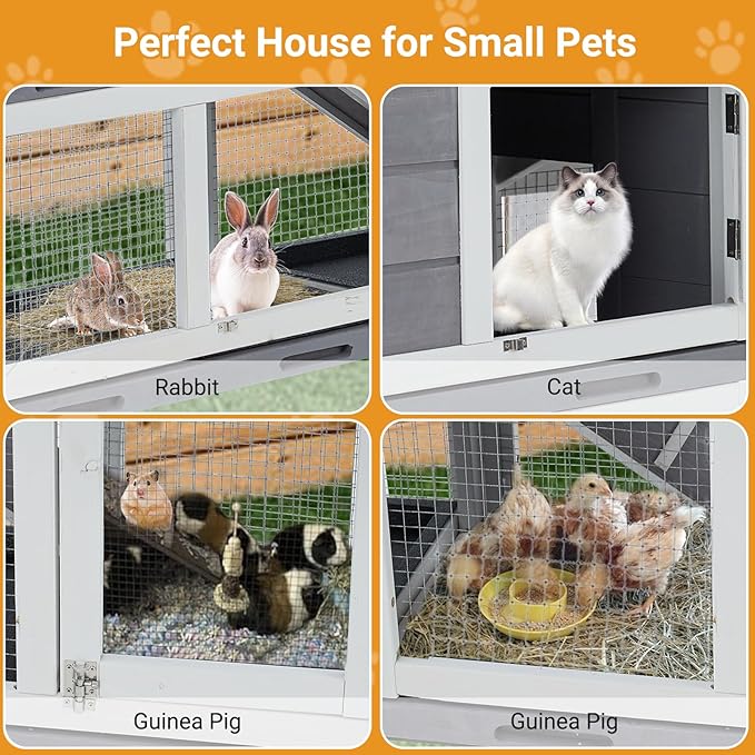 63 in Bunny Hutch Indoor Bunny Cage, with 3 Leak-Proof Removable Trays, Wooden Waterproof Roof Rabbit Hutch Indoor/Outdoor, 2-Tier Bunny House/Chicken Coop, Gray and Black