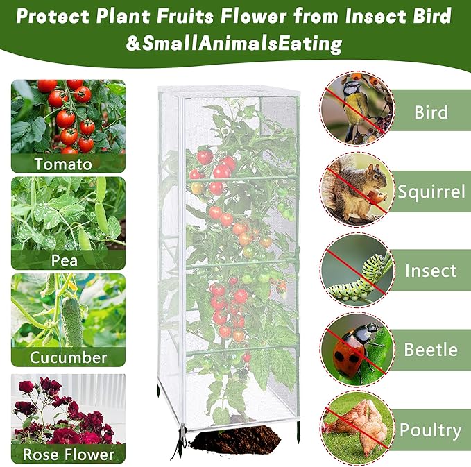 3 Pcs Garden Bird Netting Plant Cover for Square Tomato Cage, 59" x 17.7" Insect Bird Barrier Tomato Cage Net with Zipper & Drawstring, Tomato Trellis Netting Protection Cover for Protecting Plants
