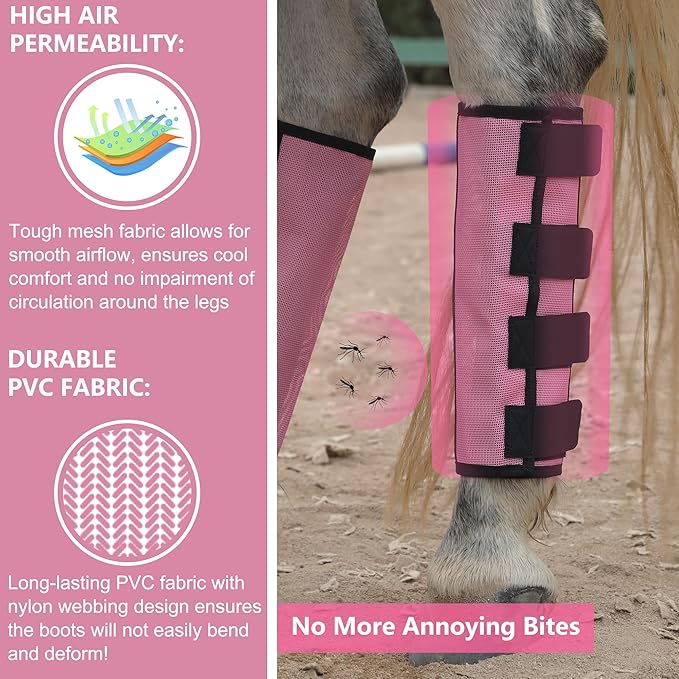 Horse Fly Boots Set of 4 - Non-Slip Leg Guards Extra Tough Mesh Ventilated, Adjustable Horse Fly Leggings Reduce Stomping & Hoof Stress & Leg Fatigue Pink Small