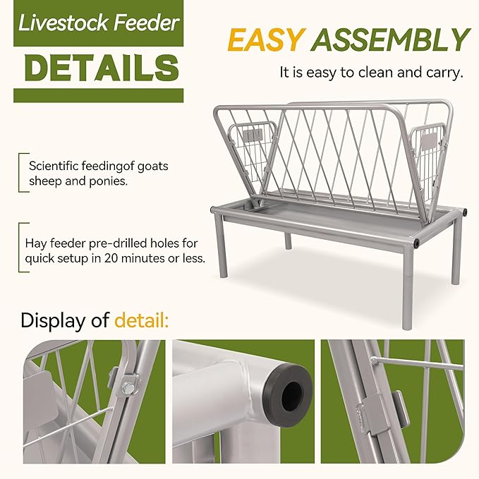 Kojem 4 Ft Long Livestock Feeder, Heavy Duty Steel Livestock 2 in 1 Grain & Hay Feeder, Outdoor Pasture Feeder with Feeding Pan for Goats, Sheep,Ponies, Cow, Horse for Farms, All Weather Feeder