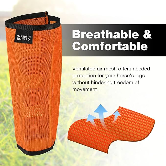Harrison Howard Loose Fitting Fly Boots UV-Protective Extra Tough Mesh Ventilated Four Fasteners Stay-on Design Protect Horse Legs & Stomp-Reducing Set of 4 Orange Yearling