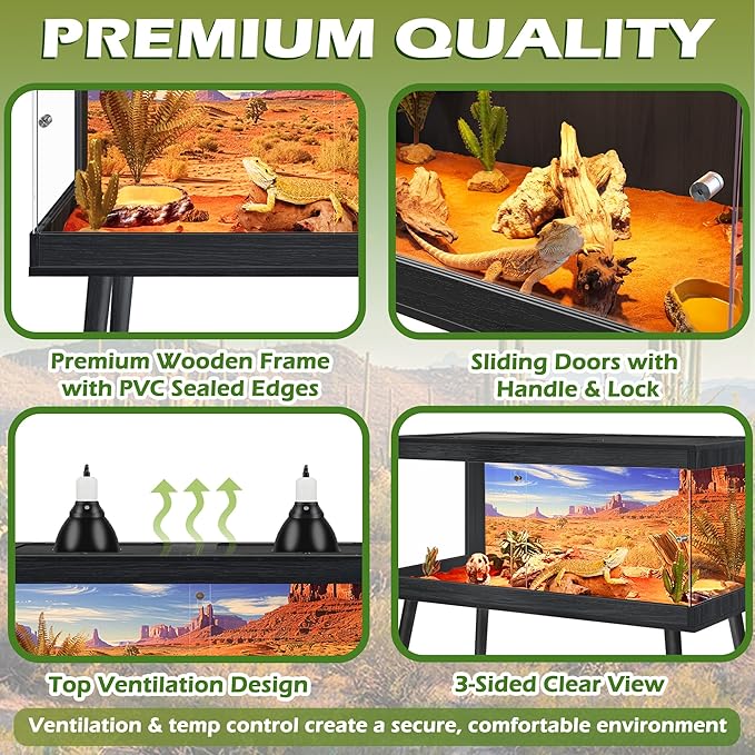 ROYXEN Bearded Dragon Tank with Leg Stand,Tempered Glass Reptile Tank with Metal Mesh Top, 3-Side Clear Anti-Scratch Glass Lizard Tank,Snake Tank for Reptile Habitat (Black, 62Gallons,40" Length)