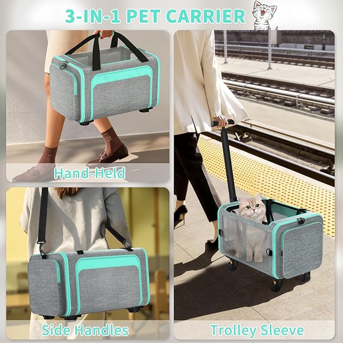 Pet Carrier with Detachable Wheels, TSA Airline Approved Rolling Cat Carrier for Small Dogs and Cats up to 15Lbs, Sturdy Frame & Smooth 360° Wheels for Travel & Vet - 18" L x 11" W x 11"