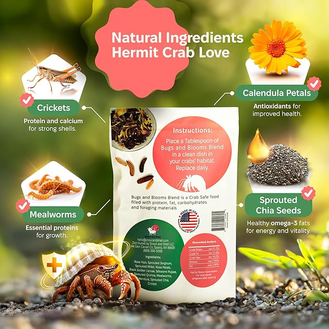 Snout and Shell Hermit Crab Food Variety Pack – Fruity Breakfast, Bugs & Blooms, and Organic Worm Castings – High-Protein, Nutrient-Rich Diet with Fruits, Seeds, Bugs & Minerals – All-Natural, Non-GMO